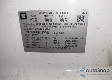 2015 Chevrolet Silverado 1500 2Lt from USA, damaged, VIN 1GCVKREC9FZ344518